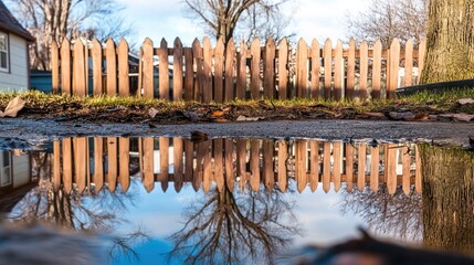 Fototapeta premium Backyard with standing water reflecting the surrounding trees and sky, capturing the serene beauty of nature's reflection and the tranquility of a still moment.