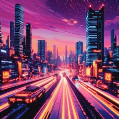 Fototapeta premium Alien metropolis with neon-lit streets, tall skyscrapers, advanced vehicles