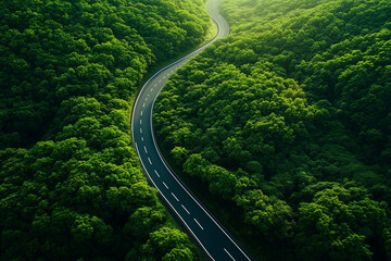 Fototapeta premium Aerial View of Winding Road Through Lush Green Forest