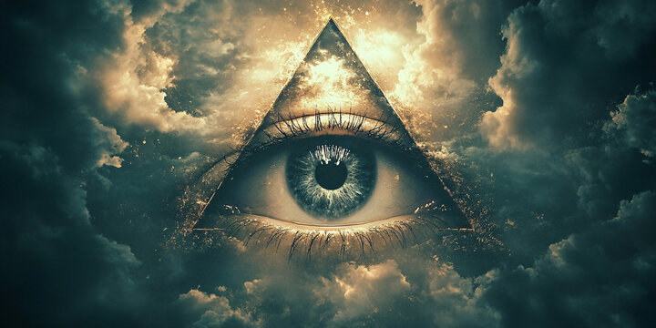 illuminati symbol. A close-up of the all-seeing eye inside a triangle surrounded by dark clouds.