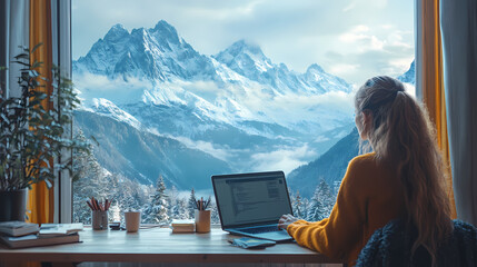 A woman works on her laptop while sitting at the table in front of a panoramic window with a great view of the mountains in the distance. Concept of remote work and escaping to nature