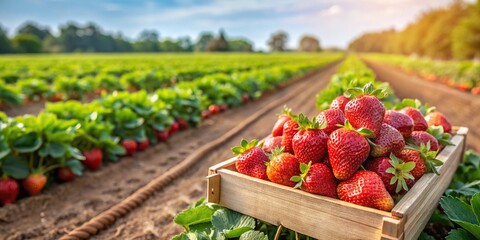 gathering strawberry harvest on plantation in farm Medium Shot