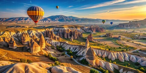 Close-up shot of hot air balloon flying over stunning landscape of Cappadocia, Turkey