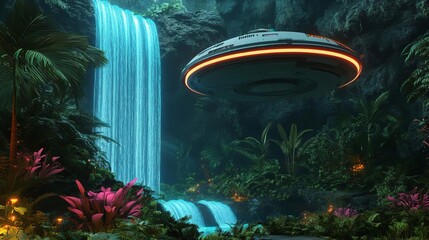 Alien oasis, hovering spaceship, synthetic waterfalls, bright bioluminescent plants