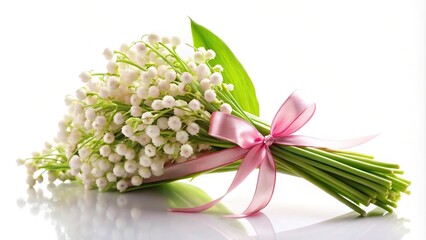 Obraz premium Forced perspective bouquet of lilies of the valley tied with a pink ribbon on a white background