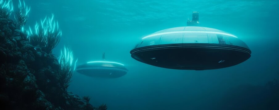 Alien ocean base, futuristic submarines, glowing bioluminescent plants