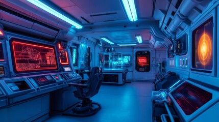 Alien outpost with neon-lit structures, holographic displays, futuristic machinery