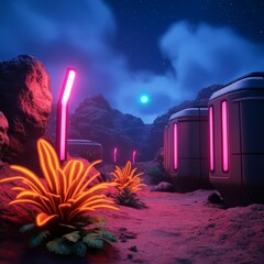 Fototapeta premium Colonist quarters in outpost, neon flora, rugged alien landscape, bright lights