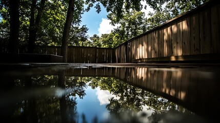 Backyard with standing water reflecting the surrounding trees and sky, capturing the serene beauty of nature's reflection and the tranquility of a still moment.