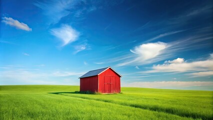 Grassy field with red shed and blue sky