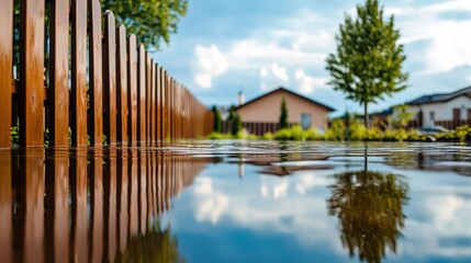 Obraz premium Backyard with standing water reflecting the surrounding trees and sky, capturing the serene beauty of nature's reflection and the tranquility of a still moment.