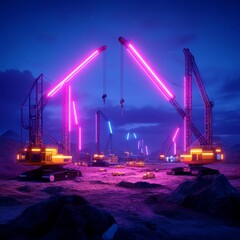 Colony construction site with futuristic cranes, neon lights, rugged terrain