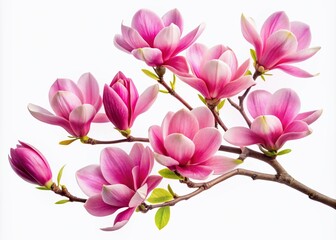 Elegant pink magnolia branch adorned with soft spring flowers, beautifully isolated on a white background, ideal for