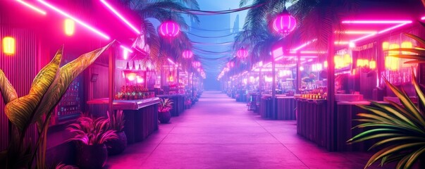 Obraz premium Colony marketplace with alien plants, neon-lit stalls, futuristic designs