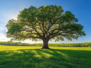 Fototapeta premium majestic english walnut tree standing alone in an open field, showcasing its sprawling branches and lush green foliage against a clear blue sky. a symbol of strength and resilience in nature