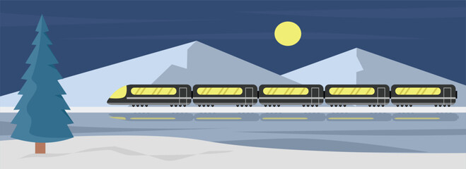 Train passing through the snow at night. High speed train in the winter season. Winter train rides. snowy mountain train. Train through snowy mountain.