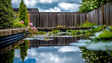 Fototapeta premium Backyard with standing water reflecting the surrounding trees and sky, capturing the serene beauty of nature's reflection and the tranquility of a still moment.