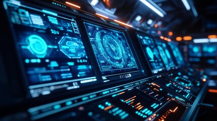 Obraz premium Command center in space colony, holographic displays, advanced technology