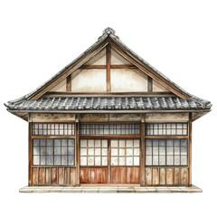 Fototapeta premium A traditional Japanese school building with wooden exterior and sliding doors, cultural architecture, watercolor illustration, natural tones, isolated on white background 