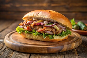 freshly made gourmet pork sandwich on wooden plate