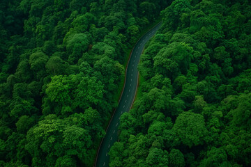 Obraz premium Aerial View of Winding Road Through Lush Green Forest