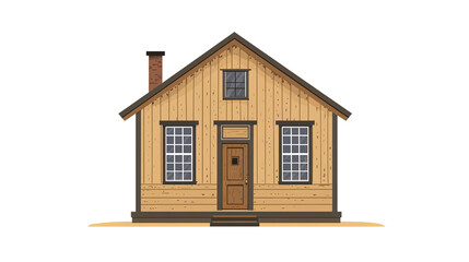 A small rural schoolhouse with wooden exterior, countryside theme, flat vector illustration, earthy tones, isolated on white background 