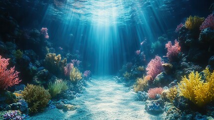 Obraz premium underwater scene bathed in deep blue hues with sun rays penetrating through the surface illuminating the serene aquatic life in a tranquil ocean environment