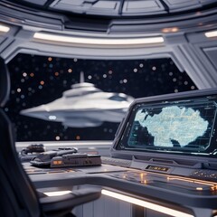 Futuristic command center with holographic maps, spaceship visible in background