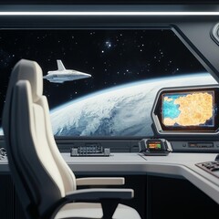 Naklejka premium Futuristic command center with holographic maps, spaceship visible in background