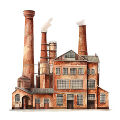 Fototapeta premium A traditional textile factory building with large chimneys, industrial revolution theme, watercolor style, warm brick tones, isolated on white background 