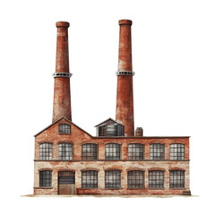 Fototapeta premium A traditional textile factory building with large chimneys, industrial revolution theme, watercolor style, warm brick tones, isolated on white background 