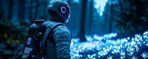 Naklejka premium Futuristic forest on alien world, bioluminescent plants, explorer in high-tech suit