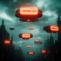 Naklejka premium High-tech alien city, floating neon signs, dark skies, hovering vehicles