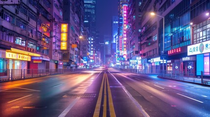 Obraz premium A city street at night with neon signs and a large building in the background. The street is empty and the neon lights create a vibrant and lively atmosphere