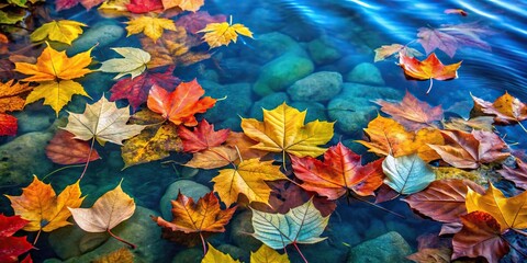 High angle view of colorful fallen leaves floating in water