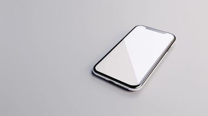 Modern smartphone with blank white screen on grey surface. Minimalistic tech design concept for mockup or banner.