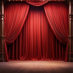 red stage with closed, empty curtains creates a dramatic and elegant setting, perfect for performances or presentations awaiting to unfold