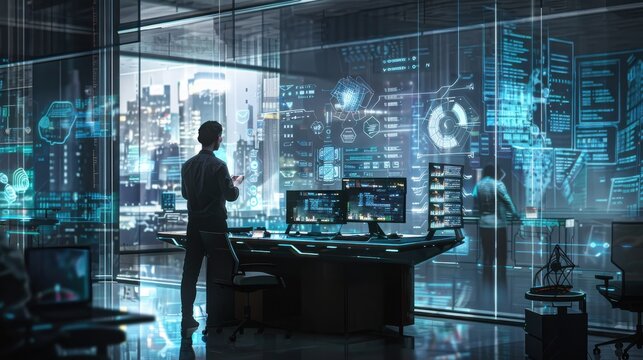 Tech startup office worker engaging with digital data at a standing desk in a sleek urban office during the day