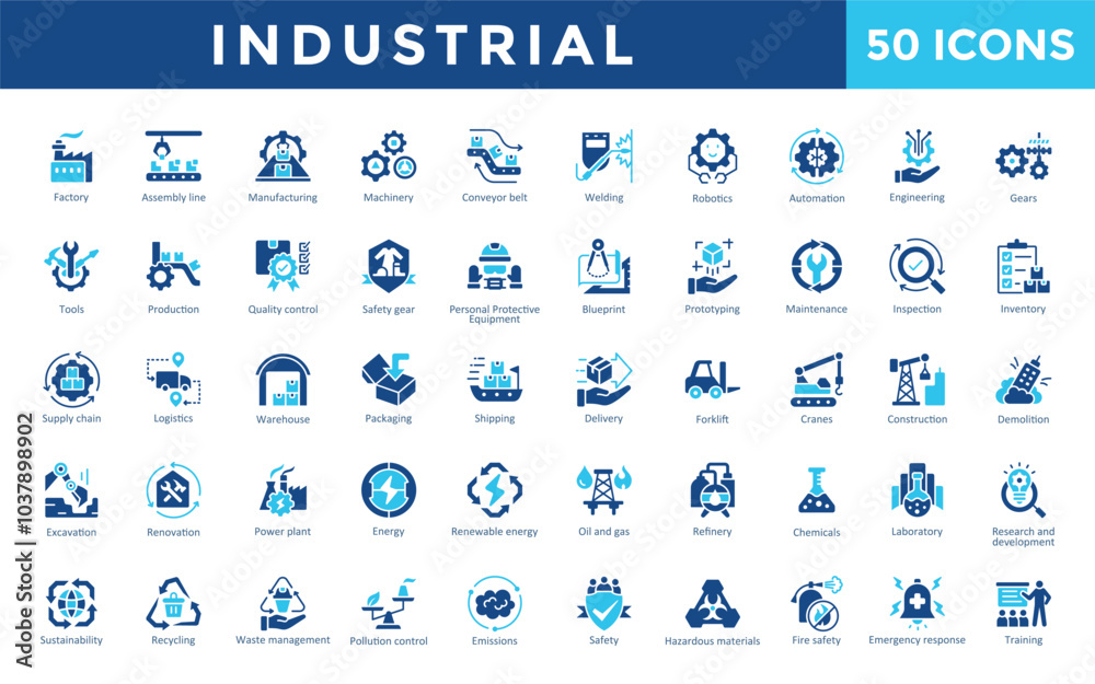 Wall mural Industrial icon set with factory, assembly line, manufacturing, machinery, conveyor belt, welding, robotics, automation, engineering, gears icon. Simple flat vector 
