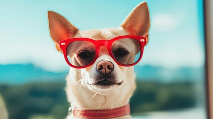 Charming Chihuahua Posing in Stylish Red Glasses Captures the Fun of Pet Fashion Photography
