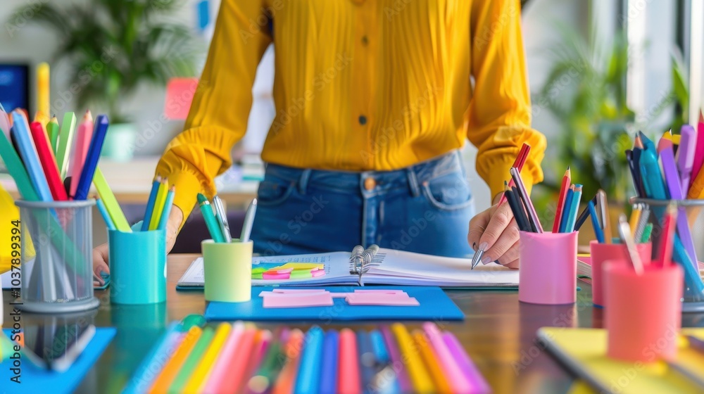 Poster an office worker focuses on organizing colorful stationery at a desk surrounded by colleagues during