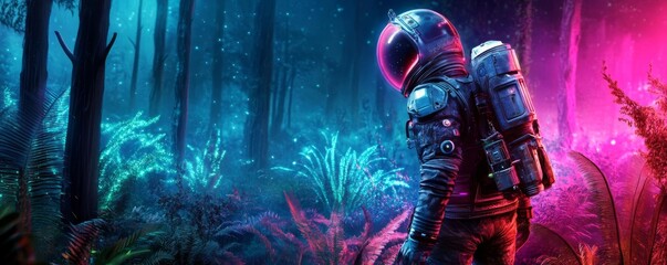 Obraz premium Sci-fi forest, alien plants, bioluminescent atmosphere, futuristic exploration suit