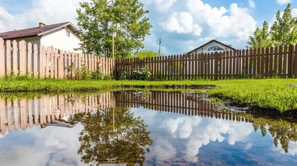 Fototapeta premium Backyard with standing water reflecting the surrounding trees and sky, capturing the serene beauty of nature's reflection and the tranquility of a still moment.