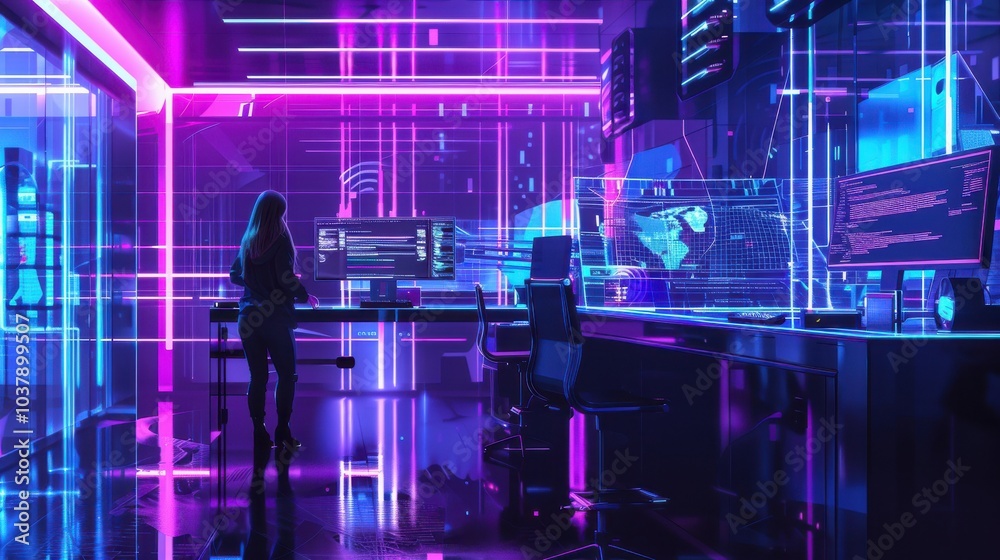 Aufkleber an office worker engaged in coding at a futuristic tech company desk surrounded by vibrant neon ligh