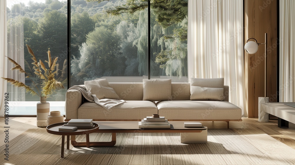 Poster A living room with a large window and a couch. The couch is white and has pillows on it. There are several books on a coffee table in front of the couch. The room has a cozy and inviting atmosphere
