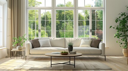 Obraz premium A living room with a white couch and a coffee table. The couch is covered with pillows and a vase is on the table. The room has a bright and airy feel