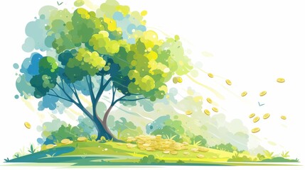 Thriving Tree with Wind-Blown Coins in Lush Meadow