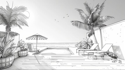 A minimalist drawing capturing a tranquil beachside holiday escape with a pool, sun loungers, and palm trees under a sunny sky
