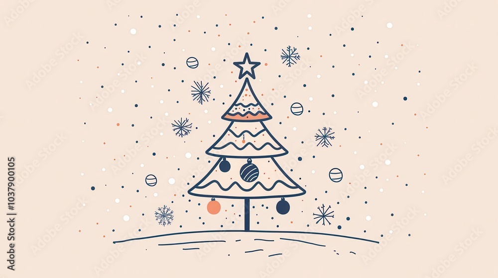 Poster elegant line art of a minimalist christmas tree adorned with ornaments and snowflakes in a festive w