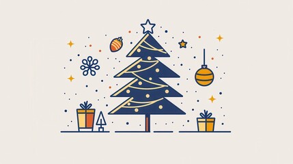 Obraz premium Elegant minimalistic line art of a Christmas tree adorned with ornaments and gifts, perfect for holiday decorations and cards